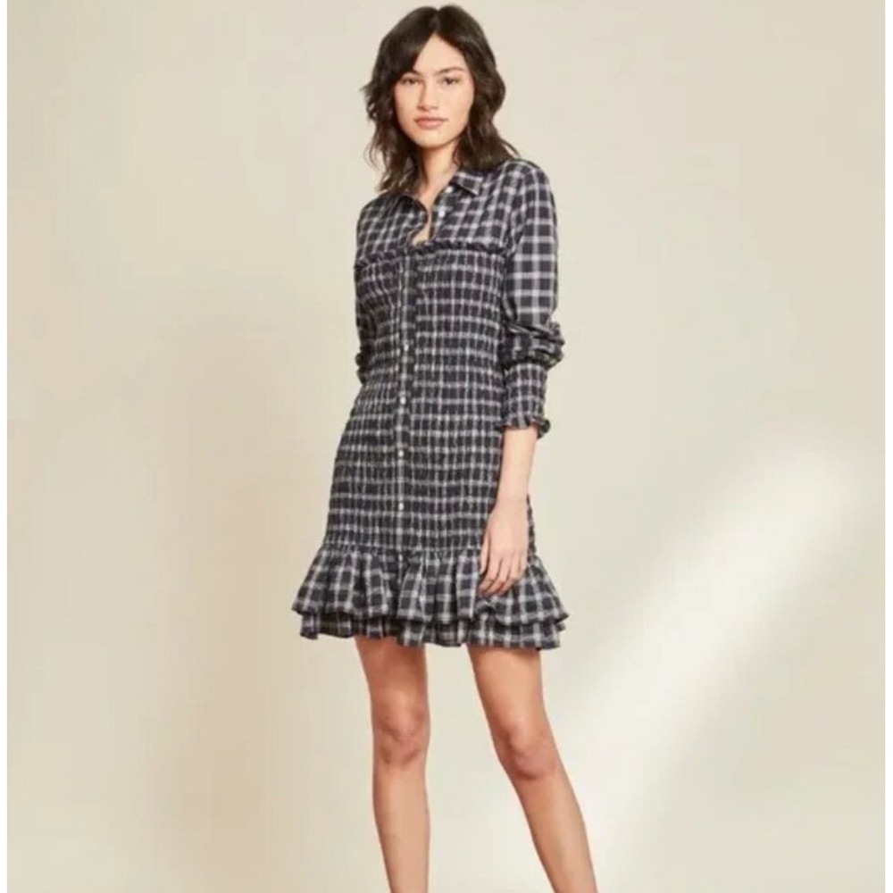 Veronica Beard Kelsey Dress Plaid Gauze Shirred Mini Size 8